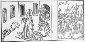 Heiliger Lambert. Gravur aus „Leben der Heiligen - Sommerteil“ (Das Buch der Heiligen) von Jacobus (James) von Voragine (1228-1298). Lübeck 1488. von Unknown artist