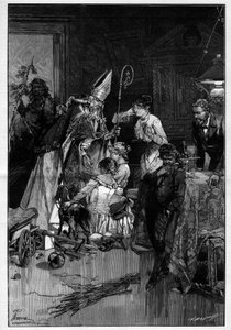Sankt Nikolaus Fest in Lothringen, das Kindern Spielzeug bringt. Er wird vom Teufel begleitet, der ihm Ruten bringt. Gravur in "Le Monde Illustré" von Unknown artist
