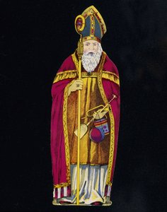 Sankt Nikolaus mit Spielzeug in der Hand. 19. Jahrhundert Karton.