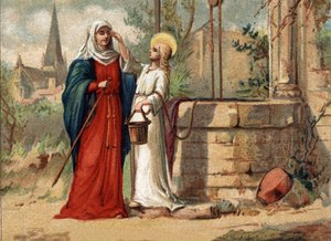 Sainte Genevieve (422-502), Schutzpatronin von Paris, gibt ihrem Meerblick. Chromolithographie um 1890 von Unknown artist