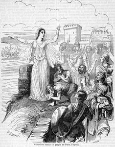 Sainte Geneviève organisiert die Verteidigung von Paris gegen die Horden von Attila und beruhigt die Pariser - in „Histoire de France“ von Anquetil