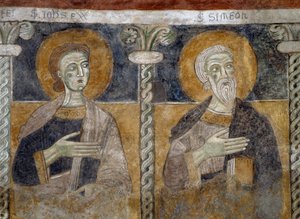 Heilige Johannes der Evangelist und Simeon, Detail eines Freskos aus dem 12. Jahrhundert in der Basilika der Heiligen Sisinio, Martirio und Alessandro, San Zeno di Trento, Trentino-Südtirol, Italien von Unknown artist