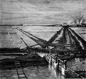 Salzproduktion: Ansicht einer Saline an der Mittelmeerküste. Gravur des 19. Jahrhunderts von Unknown artist