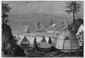 Sami-Zauberer, der die Zukunft mit Hilfe einer magischen Trommel vorhersagt. Gravur von 1885.