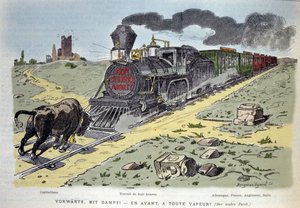 Satirische allegorische Vignette: Der Bulle, Symbol des Kapitalismus, versucht den Zug der Arbeitsreform zu stoppen. Jeder Wagen ist für ein Land bestimmt: Deutschland, Frankreich, England, Italien 1897