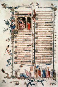 Saul bedroht David, Kain tötet Abel, Allegorien der Eucharistie und Nächstenliebe. Brevier von Belleville. 1323-1326. Ms. Lat. 10483 fol.24v. - Jean Maid. Belleville Brevier