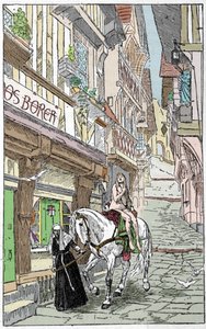 Sächsische Legende: Godiva (Lady Godiva oder Godgifu), eine sächsische Frau, die zu Beginn des Jahres 1000 nackt zu Pferd durch die Straßen von Coventry in England ritt, um ihren Mann zu überzeugen, die Steuern zu senken, die er zur Finanzierung seiner Mil von Unknown artist