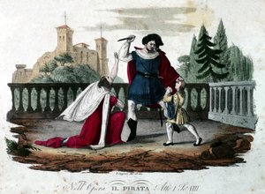Szene 8 des fünften Akts von „Il pirata“ (Der Pirat) von Vincenzo Bellini. Farbige Gravur von 1827. Erste Aufführung im Teatro alla Scala.