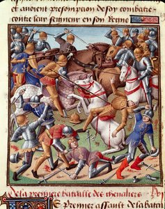 Kampfszene. Miniatur in „Le miroir historial“ (Speculum Historiale) (ms. 1196 fol. 408 r.) von Vincent de Beauvais (1190-1264), ins Französische übersetzt von Jean de Vignay