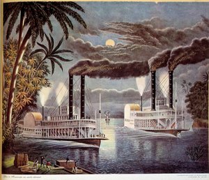 Szene der Bootsfahrten auf dem Mississippi in den Vereinigten Staaten. 19. Jahrhundert. Paris, dekorative Künste von Unknown artist