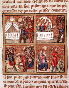 Szene der Konfrontation zwischen zwei feindlichen Lagern, eine Hinrichtung unten rechts. Seite aus einem Manuskript des 14. Jahrhunderts. Venedig, Biblioteca Marciana von Unknown artist