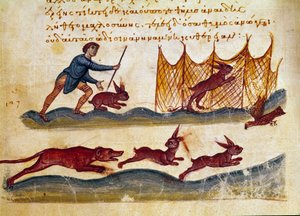Jagdszene auf Hasen. Miniatur aus dem Jagdtraktat „Kynegetika“ von Oppian von Syrien (3. Jahrhundert n. Chr.), gewidmet Caracalla. 11. Jahrhundert, Venedig, Biblioteca Marciana