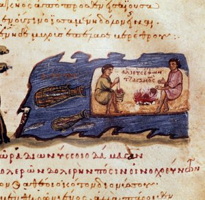 Szene des Nachtfischens. Miniatur aus der Jagd „Die Cynegetics“ von Oppian von Syrien (3. Jahrhundert n. Chr.), gewidmet Caracalla. 11. Jahrhundert Venedig, Biblioteca Marciana