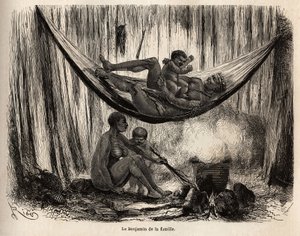 Szene aus dem Familienleben der Yahuas-Indianer der Mission von San Jose (Peru), der Mann spielt mit seinem letzten Kind in einer Hängematte, während die Frau und das Kind Palmstängel vorbereiten, die zur Herstellung von Hängematten-Netzen bestimmt sind, i