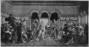 Szene aus dem Leben der Heiligen Elisabeth von Ungarn (1207-1231). Gravur von 1878 nach einem Wandgemälde von Maurice de Schwindau, Dichterzimmer des Schlosses Wartburg. von Unknown artist