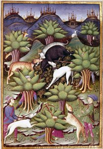 Szene der Wildschweinjagd Miniatur aus „Abhandlung über Falknerei und Jagd mit dem Motto und Emblem des Herzogs von Sforza“ von Unknown artist