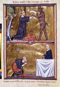 Szenen aus dem Leben des Mönchs Saint Theophile der Büßer (6. Jahrhundert). Er rief den Teufel an, um ihn aus dem Betteln zu befreien. Er tat Buße für den Rest seines Lebens. Miniatur aus dem „Psalter von Ingeburg von Dänemark“, um 1210. Sainte Genevieve B von Unknown artist
