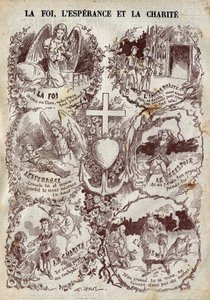 Szenen, die Glaube, Hoffnung, Nächstenliebe und deren Gegenteil, Unglauben, Verzweiflung und Egoismus, illustrieren. Illustration in „Le Pelerin“ vom 27. März von Unknown artist