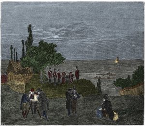 Wissenschaftliches Experiment: die Berechnung der Schallgeschwindigkeit durch Humboldt, Louis-Joseph Gay-Lussac, Bouvard, Prony und Mathieu, die die Zeit zwischen der Wahrnehmung des Lichts und dem Schuss eines Gewehrs bestimmen von Unknown artist