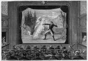 Wissenschaftliche Shows: lebende Spektren. Erleben Sie die Spektren auf der Theaterbühne. Ein Komiker kämpft gegen einen Geist. Gravur in „La Nature“