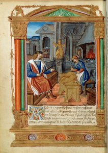 Skulptur: Ein Meister kontrolliert die Arbeit seines Lehrlings, der einen Adler schnitzt. Miniatur aus "Roman de Theseus de Cologne et de Godifer" 16. Jahrhundert Paris, B.N. von Unknown artist