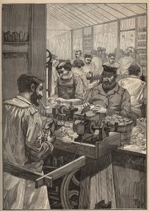 Meerschaum: Herstellung von Meerschaumpfeifen. Gravur von 1885 in „Les arts et métiers illustrés“ von Adolphe Bitard. von Unknown artist