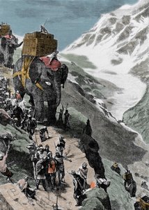 Zweiter Punischer Krieg. Die Armee von Hannibal Barca überquert die Alpen, 218 v. Chr. Italienische Gravur des 19. Jahrhunderts. von Unknown artist