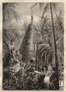 Zweite Reise (1772-1775) von Kapitän James Cook (1728-1779): traditionelles Rundhaus, auf dem Dach einer beträchtlichen Höhe (Neukaledonien) - Illustration aus „The Great Mariners of the 18th century“