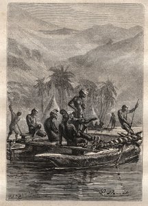 Zweite Reise (1772-1775) von Kapitän James Cook (1728-1779): Die Eingeborenen hatten genug Vertrauen, um sich zu nähern und zu tauschen (Neukaledonien) - Illustration aus „Die großen Seefahrer des 18. Jahrhunderts“