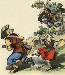 Als der Wolf den Meister Fuchs sah, floh er und ließ das kleine Zicklein in Gefahr. Illustration des Märchens „Bon medor und das kleine Zicklein“. In „Märchen aus dem Heim für die Kleinen“. Anonyme Gravur des 19. Jahrhunderts