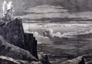 Ansicht des Himmlischen Jerusalem; Bild des irdischen Jerusalem nach dem Jüngsten Gericht, es steigt vom Himmel herab, um sich auf der Erde niederzulassen. Gravur des 19. Jahrhunderts von Unknown artist