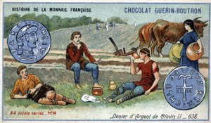 Serie Histoire de la Monnaie Française veröffentlicht von Chocolat Guérin Boutron. Chromolithographie 19. Jahrhundert. Silberdenar von Clovis II im Jahr 638