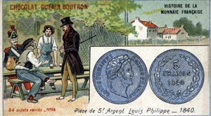 Serie Histoire de la Monnaie Française, veröffentlicht von Chocolat Guérin Boutron, Chromolithographie 19. Jahrhundert, 5-Franc-Silbermünze, Louis Philippe I., 1840 von Unknown artist
