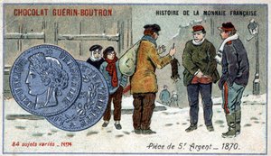 Serie Histoire de la Monnaie Française, veröffentlicht von Chocolat Guérin Boutron. Chromolithographie des 19. Jahrhunderts. 5-Franc-Silbermünze im Jahr 1870 von Unknown artist