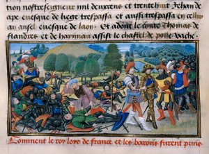 Siebter Kreuzzug: König Ludwig IX. (Saint Louis) (1214-70) wird während der Schlacht von Mansourah 1250 in Ägypten gefangen genommen, „Chronique abrégée“ von David Aubert 1250 Paris von Unknown artist