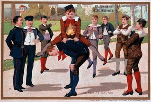 Schafspringenspiel, Ladenwerbung „Der schöne Gärtner“, ca. 1895