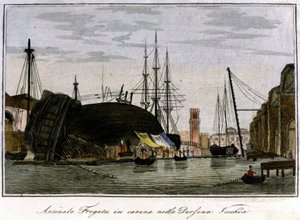 Schiff im Rumpf getroffen. Venezianische Fregatte, deren Rumpf im Arsenal repariert wird. Gravur aus dem 19. Jahrhundert von Unknown artist
