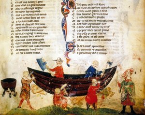 Schiffbau und Kalfatern im 13. Jahrhundert. Miniatur aus dem „Roman de Troy“ von Benoit de Saint Maure. 14. Jahrhundert Biblioteca Marciana, Venedig