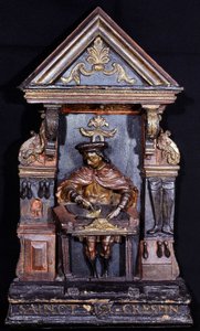 Schuhmacherschild mit der Inschrift unten „Saint Crespin“ - geschnitztes Holz von Unknown artist