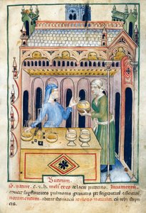 Laden mit Butterbrot und zwei Frauen, Illustration aus Tacuinum sanitatis
