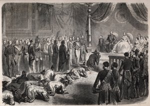 Die siamesischen Botschafter kriechen bei einer feierlichen Audienz in Fontainebleau vor der französischen kaiserlichen Familie in Anwesenheit von Napoleon III. (1808-1873), Eugenie (Eugenia de Montijo)