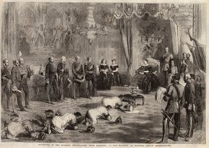 Siam-Botschafter krochen zu Königin Victoria I. (1819-1901) und Prinz Albert (1819-1861) während ihres Besuchs im Windsor Castle. Gravur in „The Illustrated London News“ vom 5. Dezember 1857. von Unknown artist