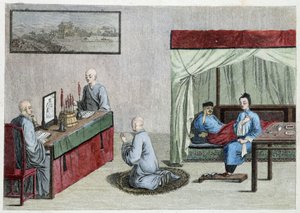 Kranker Mann im Bett und Gebet der Mönche - China