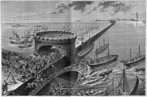 Belagerung von Alexandria durch Julius Caesar im Jahr 47 v. Chr. Die Galeere von Caesar unter dem Gewicht der Soldaten, die sie überfallen haben. Gravur von 1885.