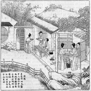 Seide und Seidenraupe in China: Trennung der Raupe, die spinnen will. Gravur in „La Nature: revue des sciences et de leurs applications aux arts et a l