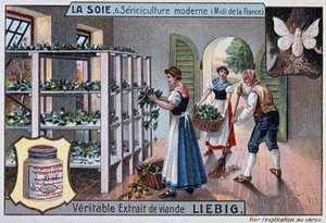 Seide: Seidenwerkstatt im Süden Frankreichs, Liebig-Werbung, ca. 1895 von Unknown artist
