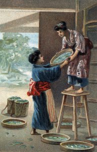 Seidenraupenzucht in einem japanischen Magneten. Chromolithographie des späten 19. Jahrhunderts. von Unknown artist