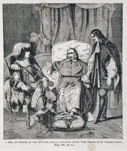 Sire, sagte Mazarin, „Ich verdanke Ihnen alles: aber ich zahle Ihrer Majestät, indem ich ihm Colbert gebe.“ Kardinal Jules Mazarin (Giulio Raimondo Mazzarino oder Mazarino) (1602-1661) präsentiert Jean Baptiste (Jean-Baptiste) Colbert (1619-1683) Louis XIV