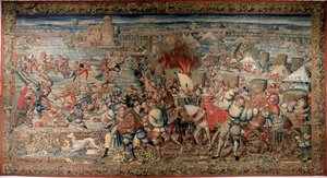 Sechster Italienischer Krieg (1521-1526): Darstellung der Schlacht von Pavia am 24.02.1525, die die Niederlage von Franz I. gegen Karl V. sah. Wandteppich. Neapel, Museo Nazionale di Capodimonte