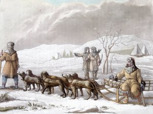 Schlitten der Kamtschatkales, gezogen von Hunden, Sibirien. Zeichnung von Gallina f. Bibliothèque des arts décoratifs de Paris. „Le costume ancien et moderne“ von Unknown artist